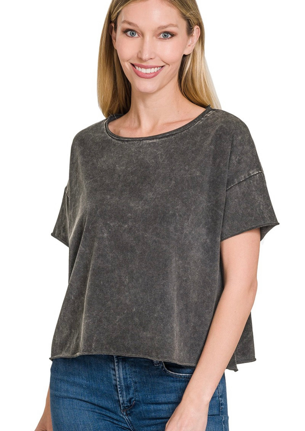 Acid Washed Raw Edge Cropped Tee